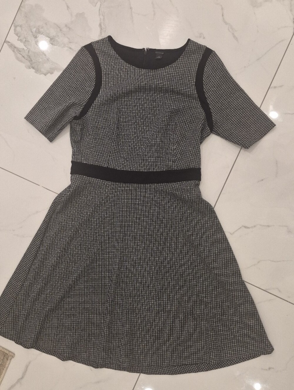 Ann Taylor Black and White Textured Midi Dress with Black Trim Nwot